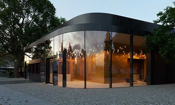 Visualisierung des neuen Eingangsgebäudes mit Lichtinstallation in der Dämmerung