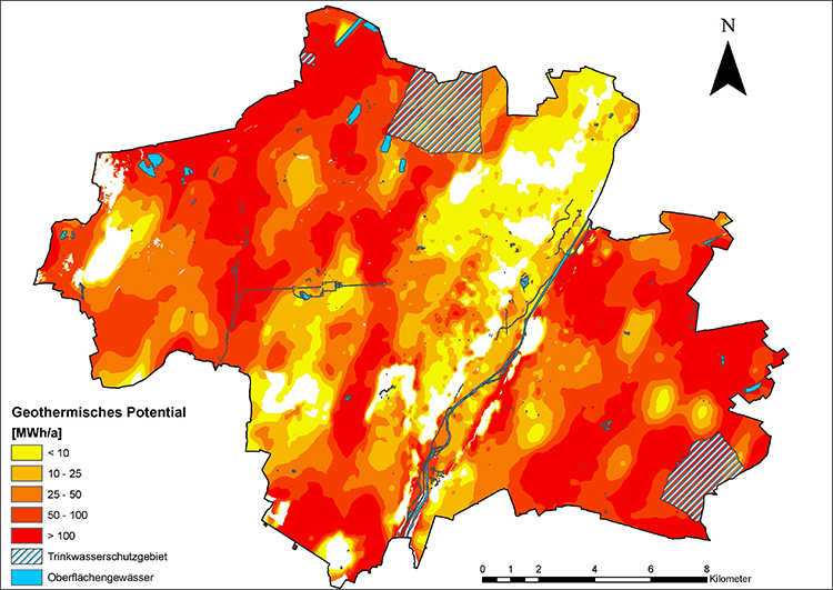 Das geothermische Potenzial in München, bei Nutzung einer Grundwasser-Wärmepumpe (Bild: F. Böttcher / TUM) 