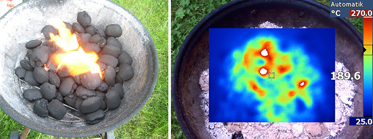 Brandversuch mit einem Kugelgrill: Die thermografische Aufnahme rechts zeigt, dass die Grillasche auch nach vielen Stunden noch gefährlich heiß ist. Foto: www.ifs-ev.org 