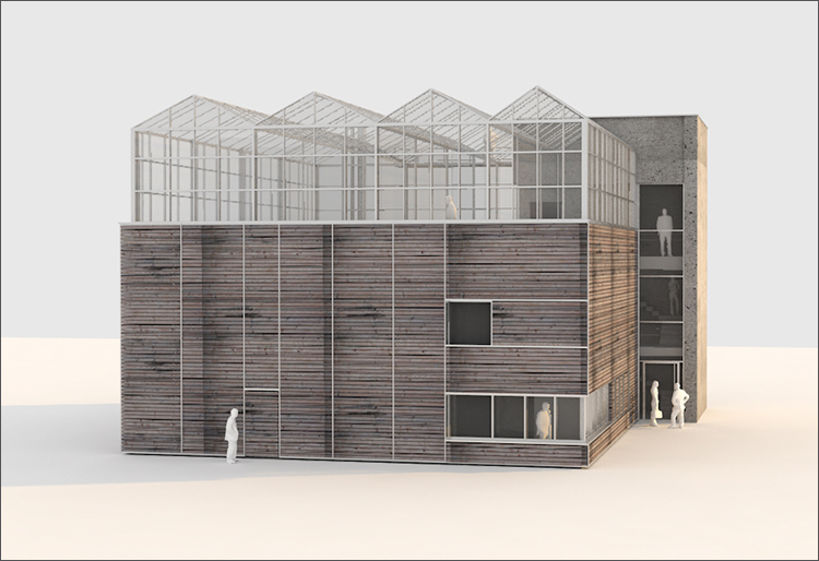 Visualisierung: Das neue Forschungszentrum »Agrarsysteme der Zukunft« am Campus Haste soll aus einer Indoorfarm und einem Dachgewächshaus bestehen (© Hüdepohl.Ferner Architektur- und Ingenieurges. mbH) 