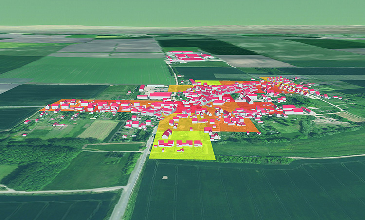 Visualisierter Wärmebedarf der Gemeinde Neumark (486 Einwohner) im 100 x 100 m Raster.  