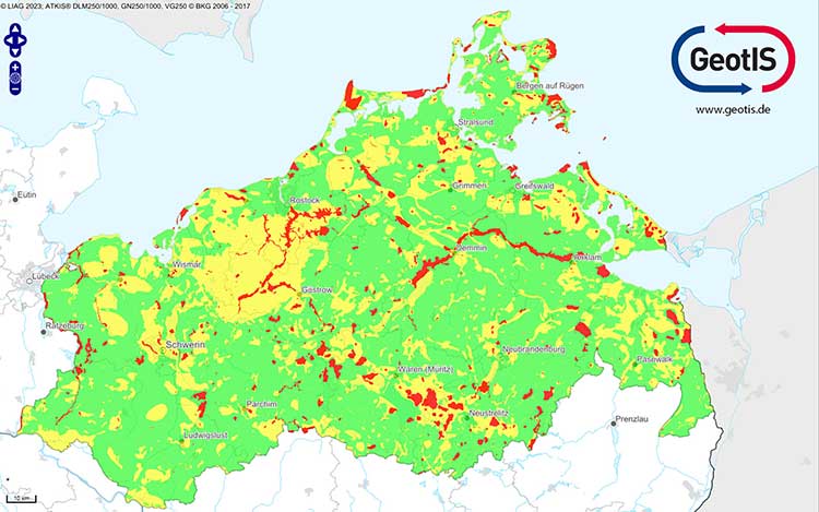 Die Übersichtskarte nach Ampelsystem im GeotIS zeigt Potenziale für Erdwärmesonden in Mecklenburg-Vorpommern 