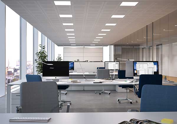 Innenansicht eines Büroraums mit mehreren Schreibtischen; Fensterfront auf der linken Seite, Deckenbeleuchtung 