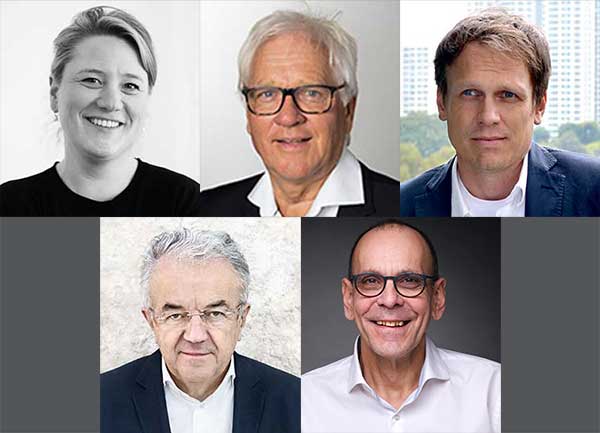 Montage Gründerin und Gründer der »Initiative Praxispfad CO<sub>2</sub>-Reduktion im Gebäudesektor« (v.l.n.r.: Prof. Elisabeth Endres, Prof. Dr.-Ing. Manfred Norbert Fisch, Prof. Dirk Hebel, Prof. Dr. Dr. E.h. Dr. h.c. Werner Sobek, Prof. Dipl.-Ing. Dietmar Walberg (© Porträt Werner Sobek: René Müller) 