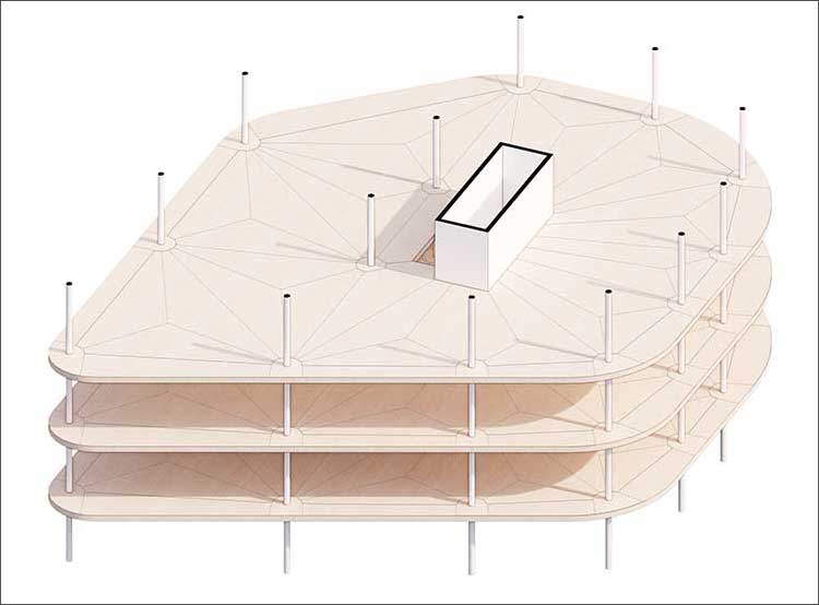 Grafische Darstellung der Implementierung des »Universal Timber Slabs« in einem exemplarischen Gebäudelayout 