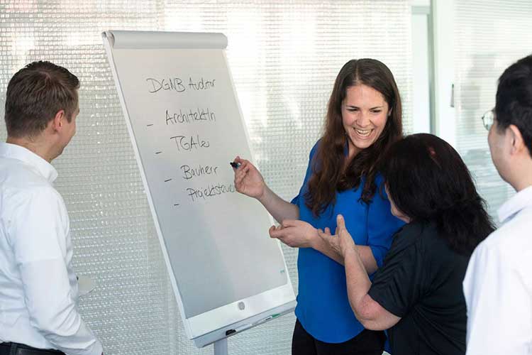 Das Bild zeigt drei Frauen und einen Mann vor einem Flipchart. 