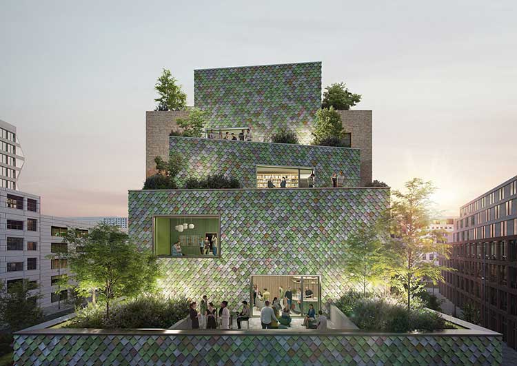 Das Bild zeigt die kaskadenartigen Dachterrassen des künftigen Bürogebäudes MONACO. 