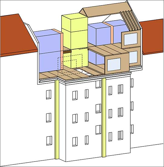 Grafische Darstellung von Modulen und Faltwerkträgern zur Aufstockung eines Gebäudes 