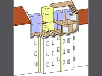 Grafische Darstellung von Modulen und Faltwerkträgern zur Aufstockung eines Gebäudes 