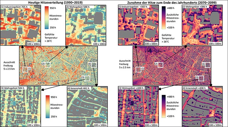 Das Bild zeigt die heutige (1990-2019) (links) und die per KI-Modell errechnete Hitzeverteilungung in Freiburg für die Jahre 2070-2099 (rechts) pro Quadratmeter. Die Hitzebelastung wird in den kommenden Jahren laut Berechnung stark zunehmen. 
