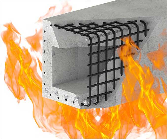 Schnittdarstellung eines Betonbauteils mit sichtbaren Bewehrungsstäben aus Stahl. Das Bauteil ist von Flammen umgeben, die auf eine Brandbeanspruchung hinweisen. Die Bewehrung verläuft an den Außenseiten des Querschnitts in Längs- und Querrichtung. 