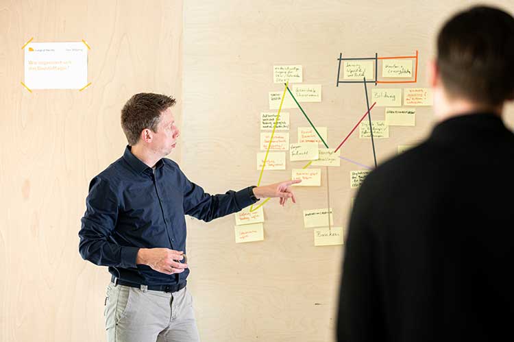 Ein Mann steht vor einer gelblichen Wand, auf der mehrere Post-its und farbige Linien zu sehen sind, die vermutlich Prozesse oder Zusammnhänge darstellen. 