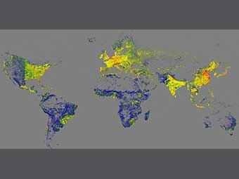 Karte der globalen Bebauungsdichte. Ballungsräume sind besonders sichtbar in Europa, dem Osten der USA, Südasien und Ostasien. 