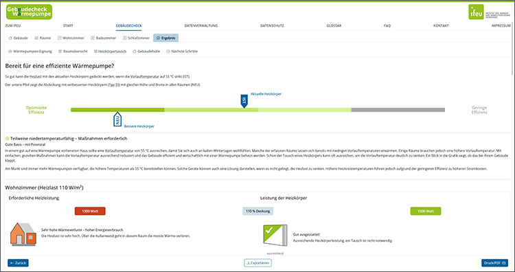 Benutzeroberfläche einer Webseite zur Simulation der Eignung von Heizkörpern für eine Wärmepumpe. Eine horizontale Leiste zeigt die Effizienz, von optimiertem Zustand (grün) bis geringer Effizienz (grau).  