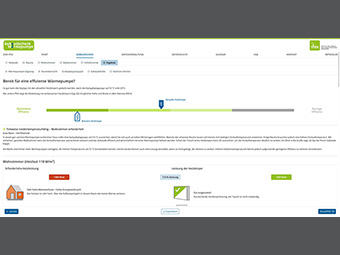 Benutzeroberfläche einer Webseite zur Simulation der Eignung von Heizkörpern für eine Wärmepumpe. Eine horizontale Leiste zeigt die Effizienz, von optimiertem Zustand (grün) bis geringer Effizienz (grau).  