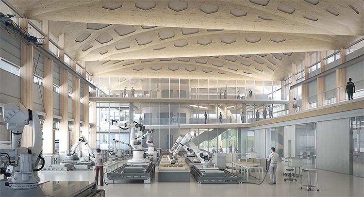 Technische Illustration: Großzügiger Forschungsraum mit Robotern auf Arbeitsflächen. Wellenförmige Decke, neutrale Farben, große Fenster. Treppe führt zur zweiten Ebene mit weiteren Stationen. Universität Stuttgart / IntCDC