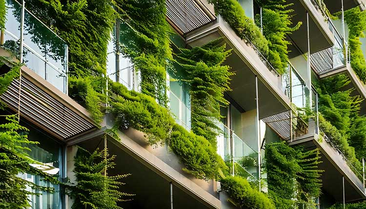 Das Bild zeigt einen Ausschnitt der begrünten Fassade eines Mehrparteienhauses. 
