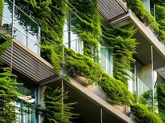 Das Bild zeigt einen Ausschnitt der begrünten Fassade eines Mehrparteienhauses. 